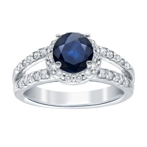 Halo Ring with 1ct Blue Sapphire & 1/2ct TDW Diamonds in White Gold by Yaffie