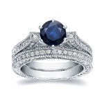 Yaffie Bridal Ring Set with Blue Sapphire & Round Diamond in White Gold (1ct each)