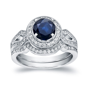 White Gold Blue Sapphire and Diamond Bridal Ring Set, 1ct and 2/5ct TW