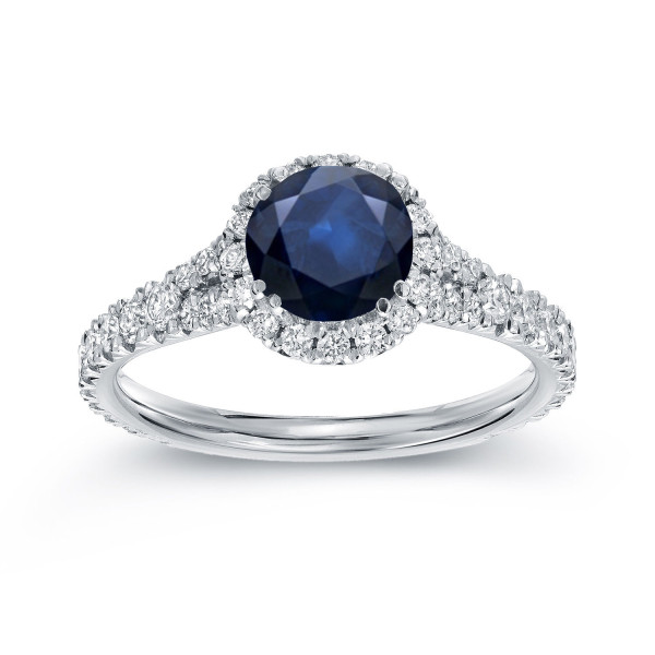 White Gold Halo Ring with 1ct Blue Sapphire and Sparkling 3/5ct TDW Round Diamonds