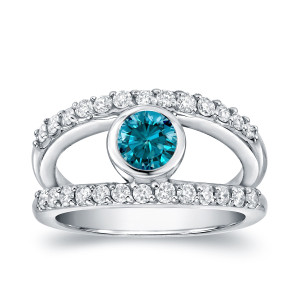 Blue and white diamond bezel ring in Yaffie white gold with 1ct TDW