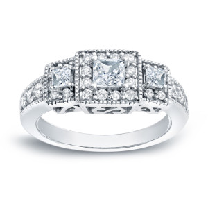 Square Halo Engagement Ring with Yaffie White Gold & 1ct TDW Diamonds in a 3-stone Design