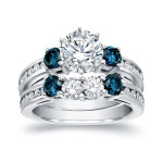 Certified Bridal Ring Set with Blue and White Diamonds, Yaffie White Gold, 2 3/4ct TDW, Round Cut.