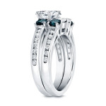Certified Bridal Ring Set with Blue and White Diamonds, Yaffie White Gold, 2 3/4ct TDW, Round Cut.