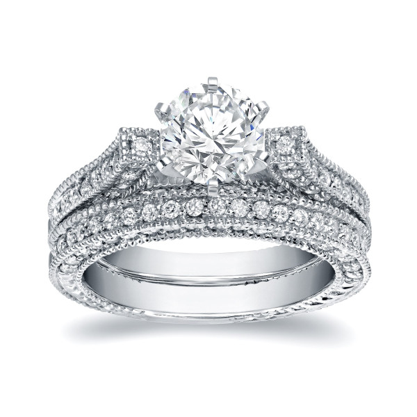 Certified Bridal Ring Set featuring 2ct TDW Round Cut Diamonds in White Gold by Yaffie
