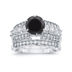 Yaffie White Gold Bridal Ring Set with 2ct TDW Round Cut Black Diamond - Tailored Just for You!