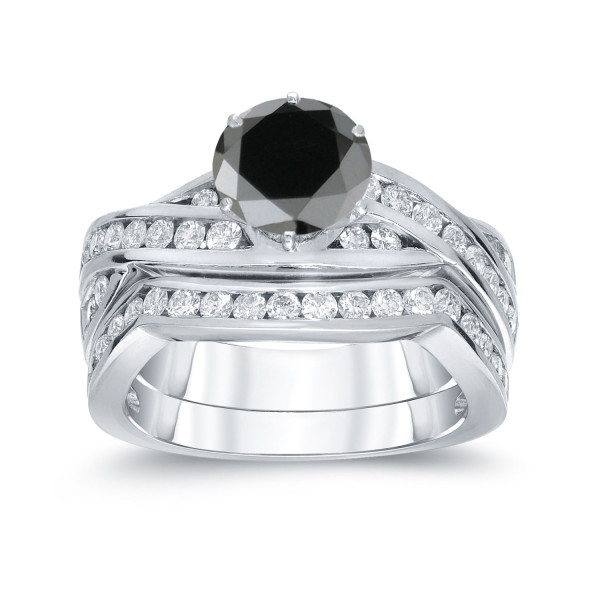 Yaffie White Gold Bridal Ring Set with 2ct TDW Round Cut Black Diamond - Tailored Just for You!