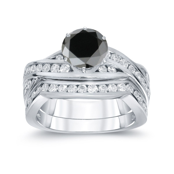 Yaffie ™ Custom Black Diamond Bridal Ring Set in 2ct TDW Round Cut White Gold