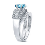 Bridal Ring Set with Blue Diamond of 2ct TDW, Round Cut, in Yaffie White Gold