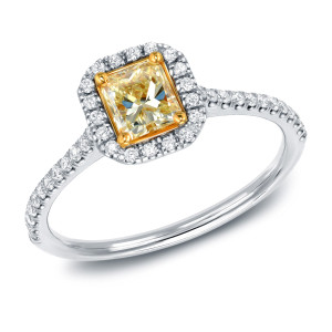 Certified Radiant-Cut Yellow Diamond Halo Engagement Ring with Yaffie White Gold and 3/4 Carat TDW