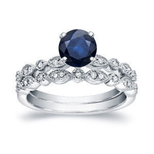 Vintage-inspired Blue Sapphire Bridal Ring Set with 3/5ct White Gold and 1/6ct Sparkling Diamonds by Yaffie