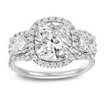 Certified Cushion Cut Diamond Halo 3-Stone Engagement Ring - Yaffie White Gold 4 2/5ct TDW