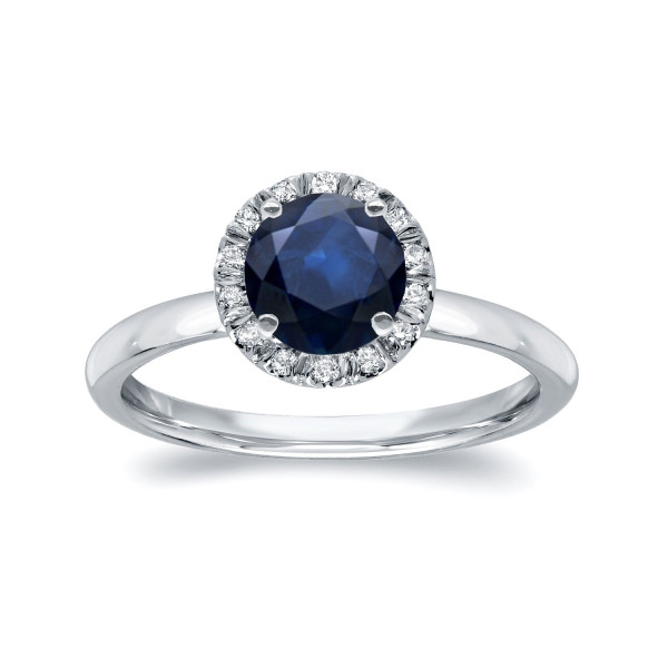 Blue Sapphire Diamond Halo Ring with a Touch of White Gold