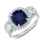 Blue Sapphire and Diamond Cushion Cut Halo Engagement Ring with 1 2/5ct Total Diamond Weight in White Gold by Yaffie