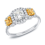 Certified White Gold 3-Stone Engagement Ring with 2ct TDW Yellow Diamond Halo by Yaffie
