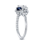 Sapphire and Diamond 3-Stone Halo Engagement Ring in White Gold by Yaffie
