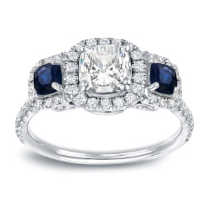 Sapphire and Diamond 3-Stone Halo Engagement Ring in White Gold by Yaffie