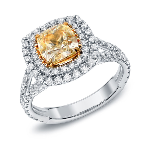 Fancy Yellow Cushion-cut Diamond Ring - Yaffie Gold Certified with 2 1/2ct TDW