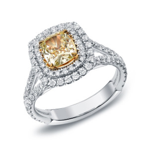 Certified Cushion-cut Fancy Yellow Diamond Ring with 2ct TDW by Yaffie Gold