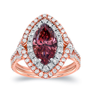 Double Halo Marquise Pink Diamond Ring with Two-Tone Gold, 3 1/8 Carat Total Diamond Weight from Yaffie.