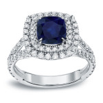 Sapphire & Diamond Double-Halo Ring in Yaffie White Gold - 1 1/4ct Blue Gem & 1ct Total Weight Diamonds