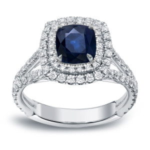Blue Sapphire and Diamond Halo Engagement Ring with 1ct Each in White Gold from Yaffie