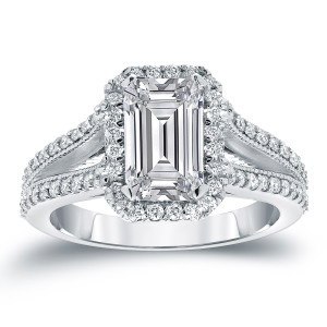 Yaffie Emerald Cut Diamond Halo Ring - 2 1/2ct TDW, 14K White Gold
