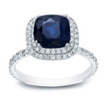 Double Halo Ring with 2ct Blue Sapphire and 1ct TDW Diamond in White Gold by Yaffie