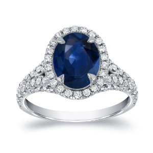Blue Sapphire & Diamond Halo Ring - White Gold (2ct & 1ct TDW) by Yaffie
