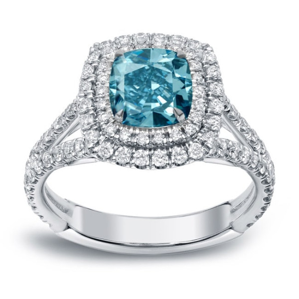 White Gold 2ct TDW Blue Diamond Double Halo Engagement Ring - Custom Made By Yaffie™