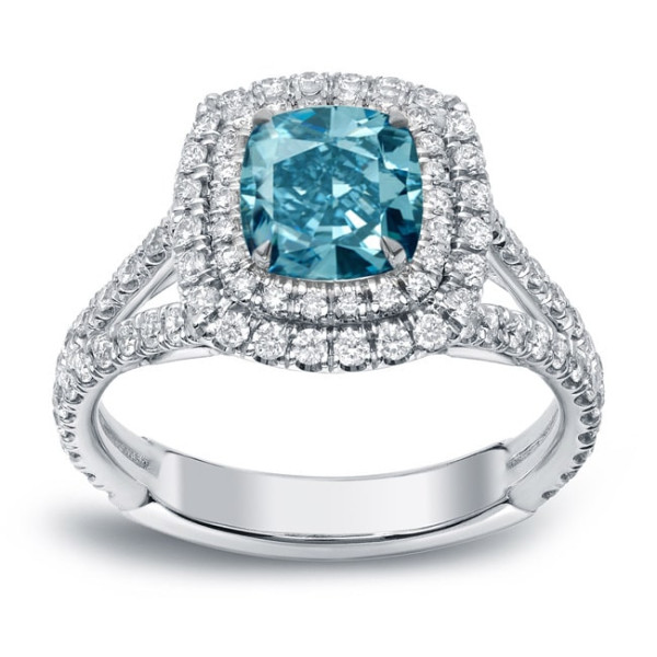 2ct TDW Blue Diamond Double Halo Engagement Ring in White Gold by Yaffie