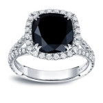 Yaffie Custom Black Cushion Halo Ring with 3 1/3ct TDW of White Gold Diamonds