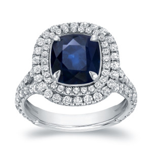 Sapphire and Diamond Double Halo Ring in Yaffie White Gold, 3ct Sapphire and 1 1/5ct TDW.