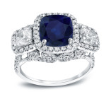 Sapphire and Diamond Halo Ring with White Gold and Sparkle
