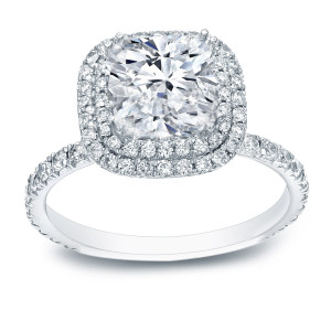 Yaffie White Gold 3ct Cushion-cut Double Halo Engagement Ring with Certified Diamonds.