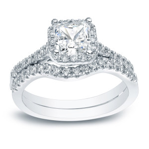 Platinum 1 1/5ct TDW Certified Princess-cut Diamond Halo Bridal Ring Set - Custom Made By Yaffie™