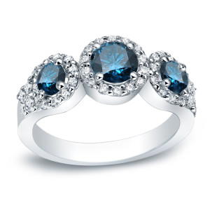 Yaffie Platinum Round Blue Diamond Engagement Ring with White Halo - 1 1/5ct TDW