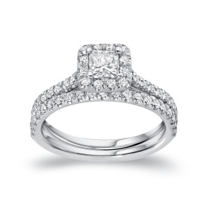 Regal Renaissance - Certified 1ct TDW Princess-cut Diamond Halo Bridal Ring Set by Yaffie Platinum.