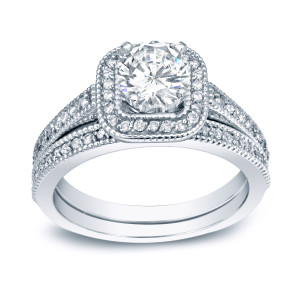 Vintage-inspired Yaffie Platinum 1ct TDW Bridal Ring Set with Certified Round Diamond