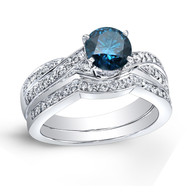 Blue Diamond Bridal Ring Set with Yaffie Platinum Stunning 1ct TDW Round-Cut Sparklers