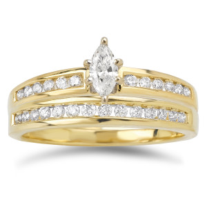 Bridal Set with Marquise and Baguette Diamonds Totaling 2/5ct TDW by Yaffie Gold