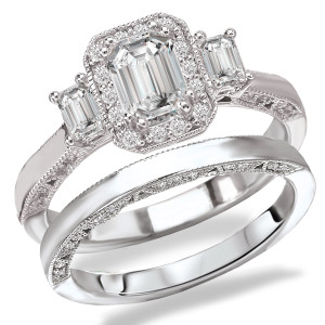 Rhodium Plated Sterling Silver Cubic Zirconia Emerald Cut Center Three Stone Look Bridal Set - Custom Made By Yaffie™