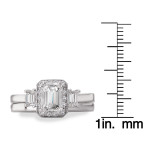 Rhodium-Plated Sterling Silver Bridal Set with Cubic Zirconia Emerald Cut Center & Three Stone Design by Yaffie