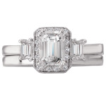Rhodium-Plated Sterling Silver Bridal Set with Cubic Zirconia Emerald Cut Center & Three Stone Design by Yaffie