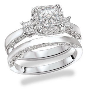 Yaffie Bridal Set featuring Princess Cut CZ and Halo Design in Rhodium Plated Sterling Silver