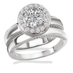 Rhodium Plated Sterling Silver Bridal Set with Cubic Zirconia Halo and Classic Shank.