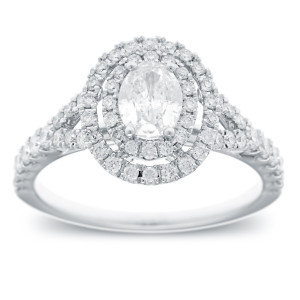 Double Halo Oval Cut Diamond Engagement Ring, featuring 1 1/6ct TDW in White Gold by Yaffie.