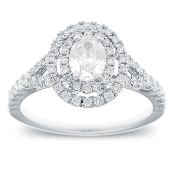 Double Halo Oval Cut Diamond Engagement Ring, featuring 1 1/6ct TDW in White Gold by Yaffie.
