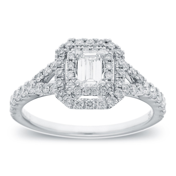 Gorgeous White Gold Emerald Cut Diamond Engagement Ring with Halo - 1ct TDW