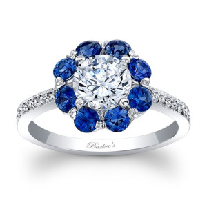 Sapphire & Diamond Flower Ring with White Gold Halo by Yaffie